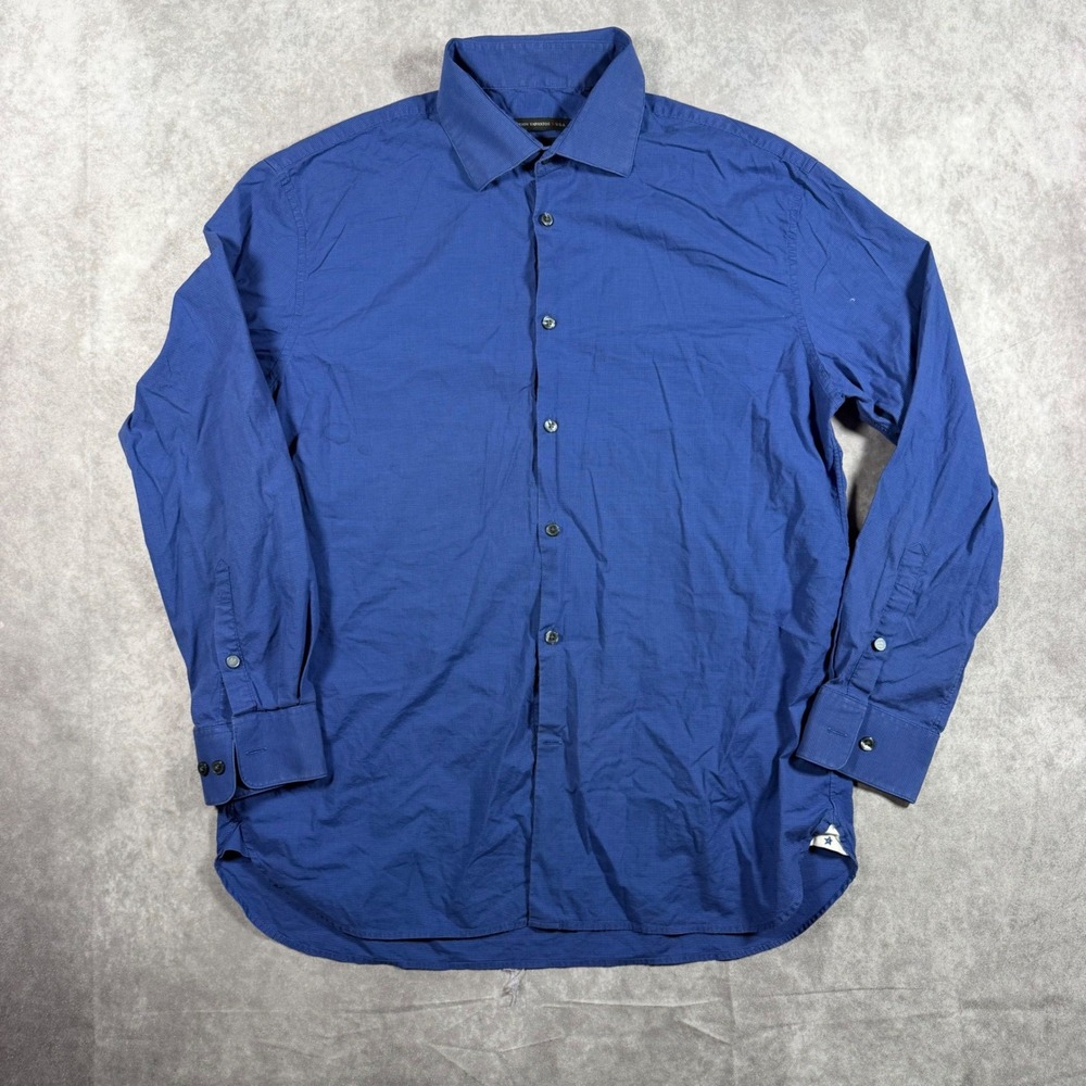 John Varvatos USA Mens Slim Fit Blue Micro Check Button Down Shirt 16.5 32/33